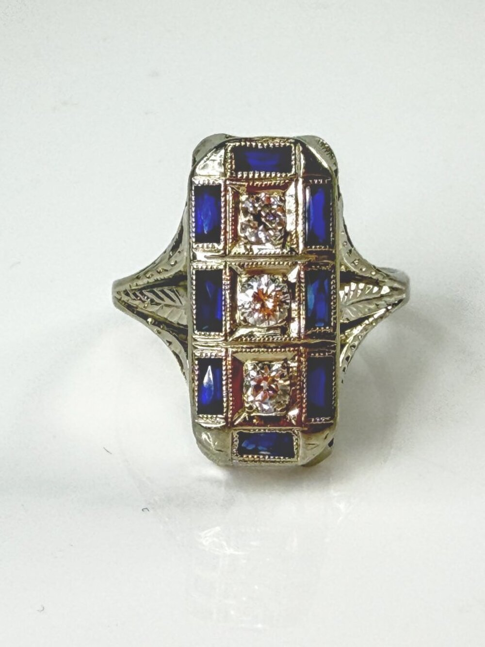 Antique Art Deco 14K White Gold Sapphire Diamond Filigree Ring 1920s JR2170